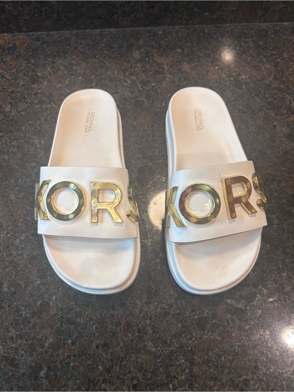 Michael Kors White Slide Sandals with Gold Logo Letters